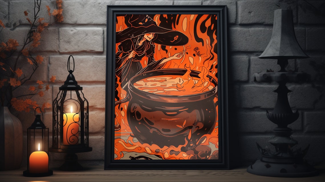 Witch Cauldron Halloween Flames Spooky Orange Folk Art Poster