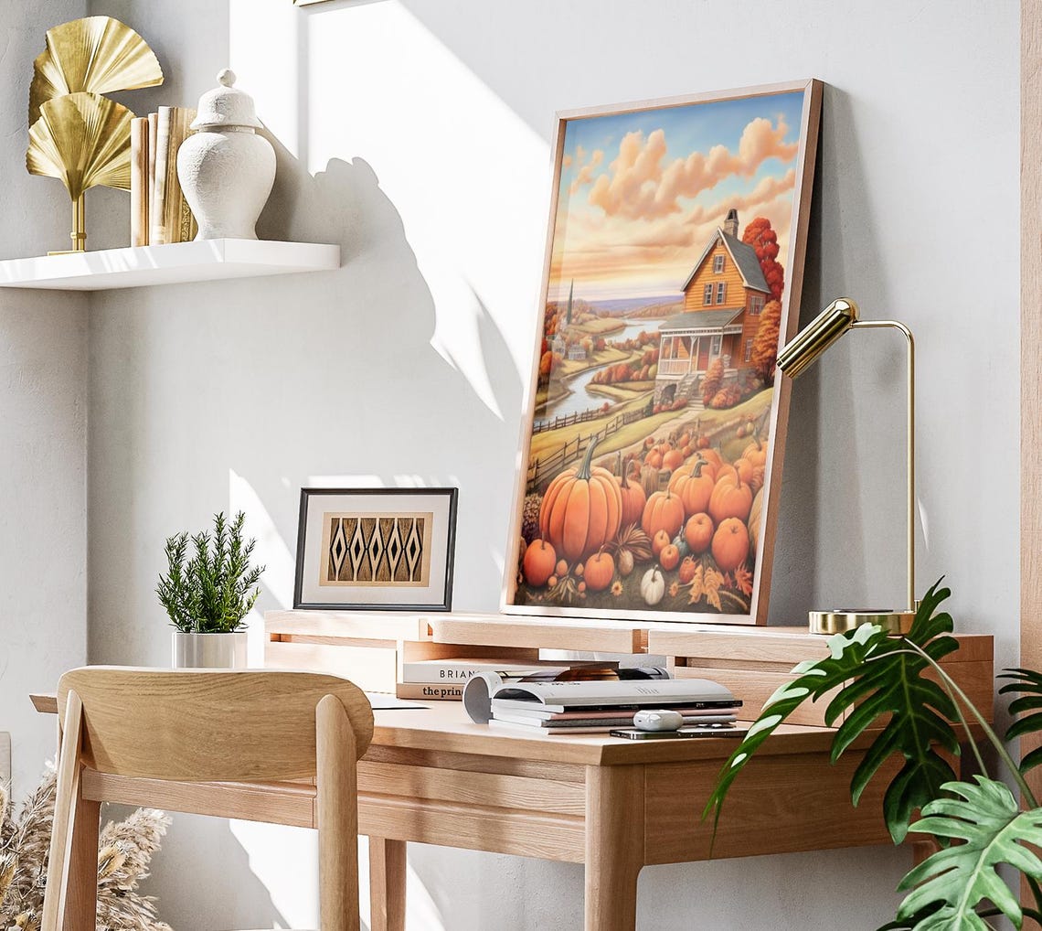 Sunset Farmhouse River Pumpkin Harvest Golden Fall Art Poster - Image 3