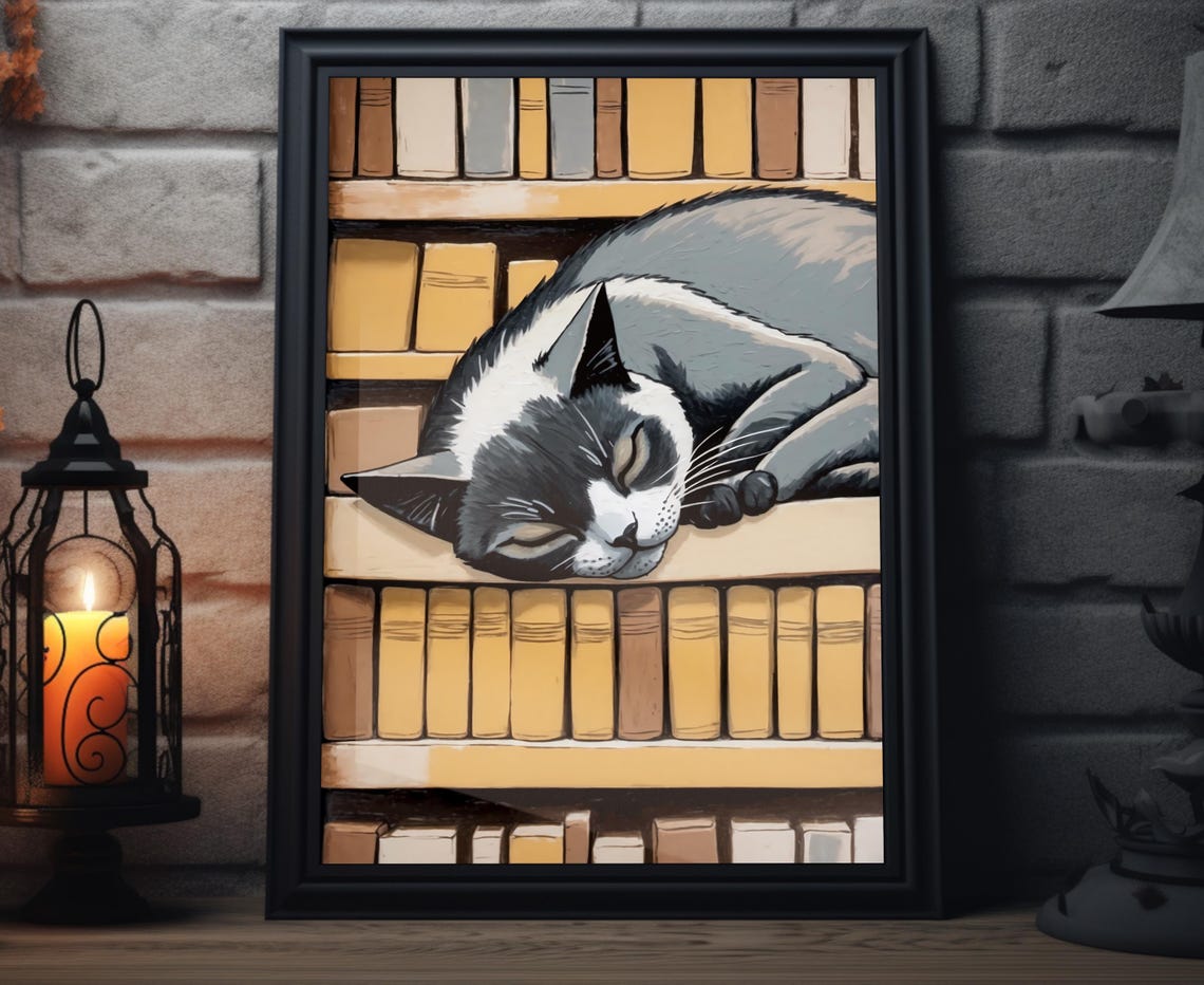 Sleeping Gray Cat Bookshelf Library Cozy Cat Lover Wall Art Print