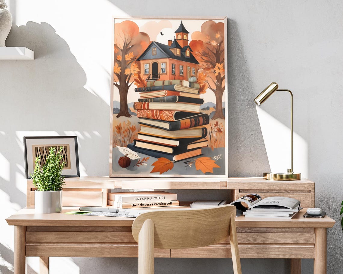House On Book Stack Autumn Trees Whimsical Reading Art Poster - Image 4