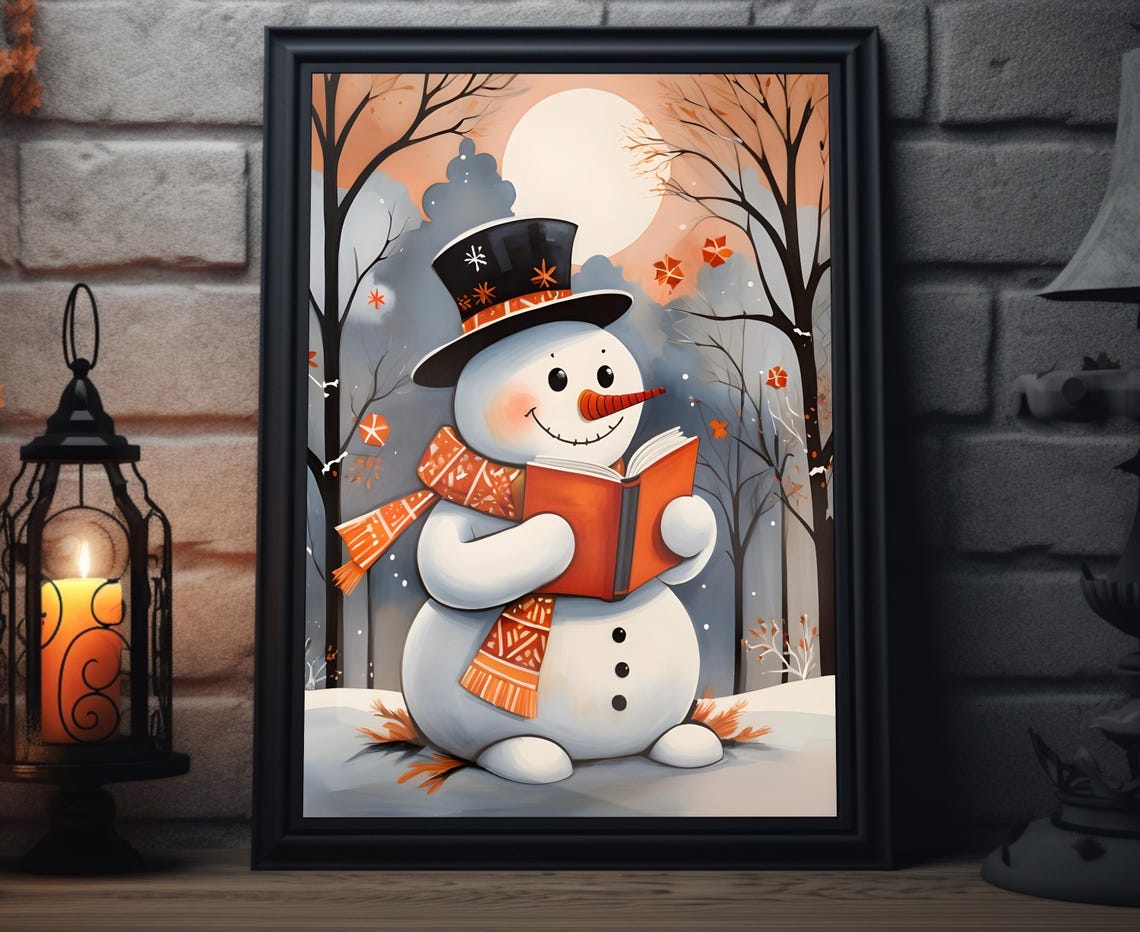 Cute Snowman Reading Book Winter Forest Moonlit Folk Art Poster