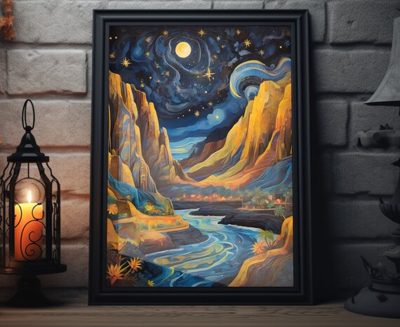 Hawaii Canyon Night River Golden Cliffs Moonlit Starry Sky View Poster
