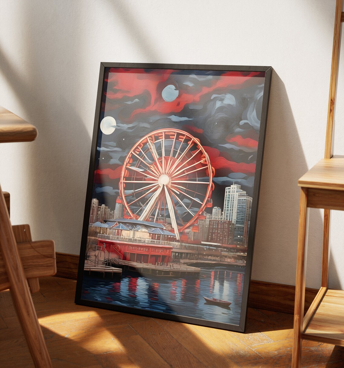 Chicago Navy Pier Ferris Wheel Starry Night Red Sky Lakefront Art Poster - Image 4