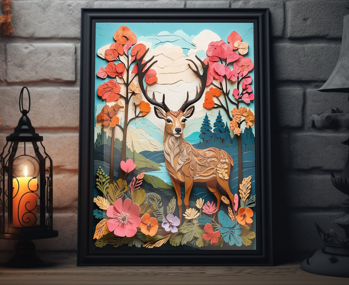 Easter Deer Folk Art, Spring Nature Art Print