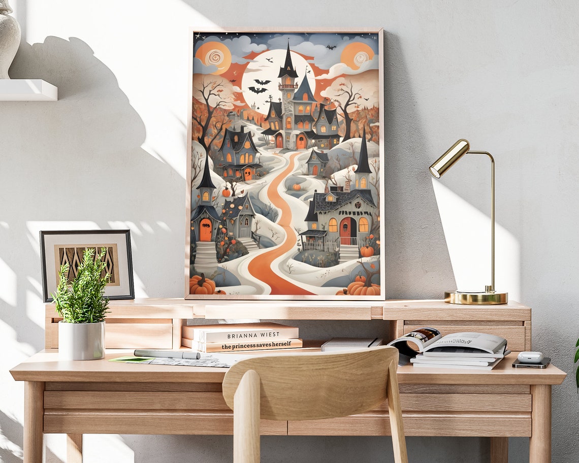 Halloween Haunted Hill Town Orange Moonlit Path Pumpkins Poster - Image 4