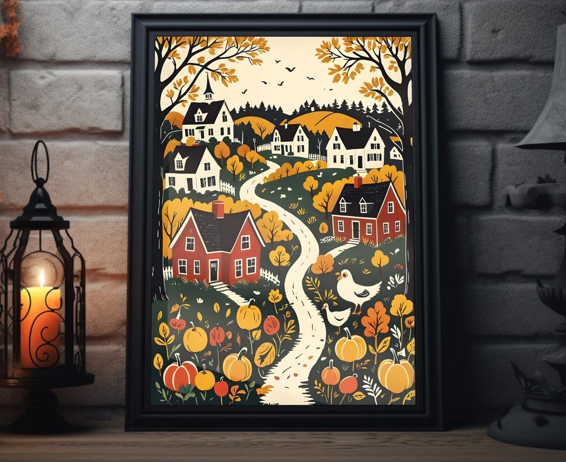 Charming Fall Town Chickens Pumpkins Harvest Woodcut Art Poster