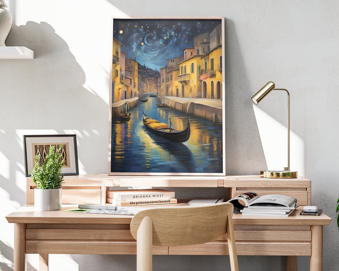 Italy Starry Night Matte Wall Art Italian Gondola Artwork Coastal City Print Italian Painting Italian Decor Italy Folk Art Poster - Image 3