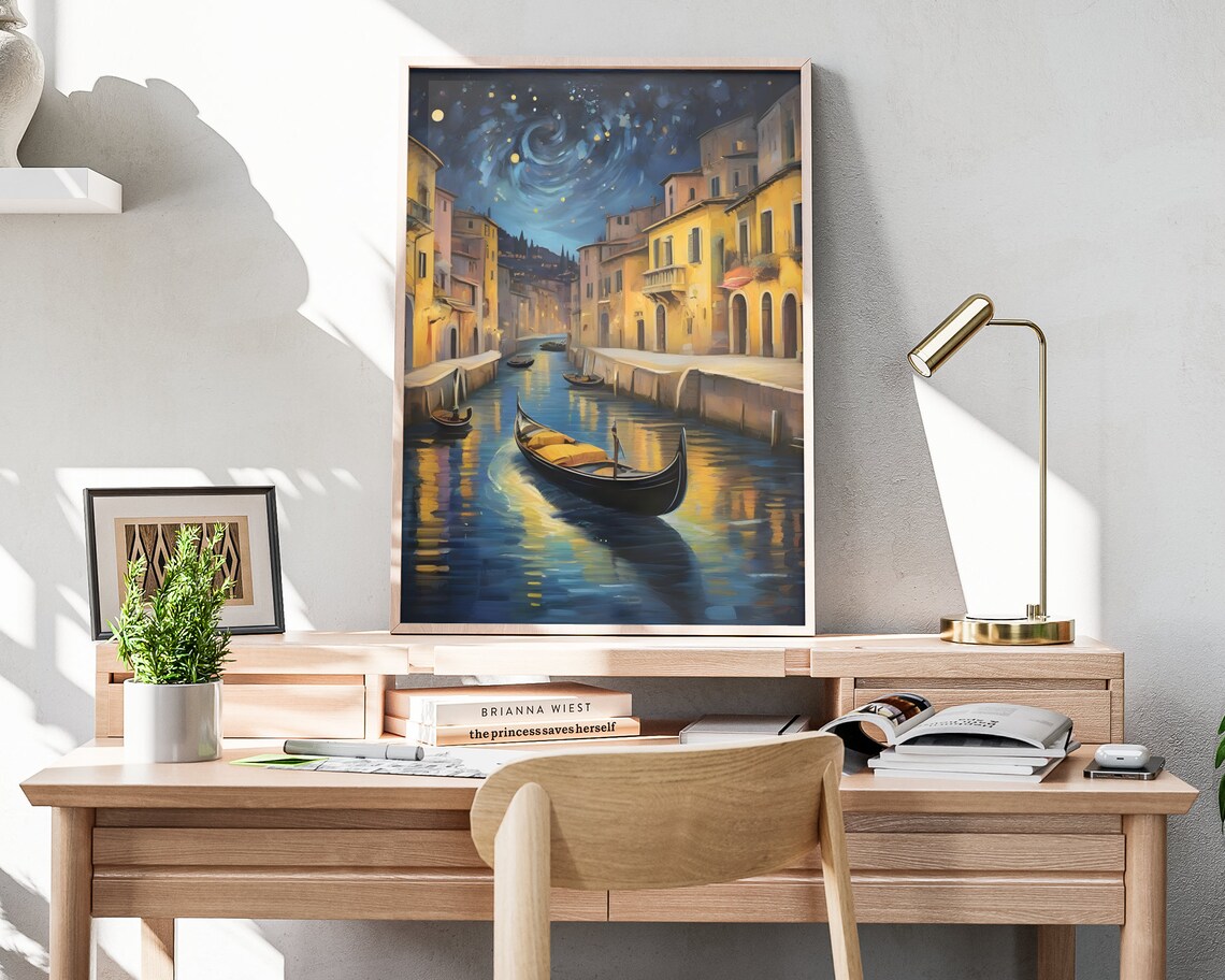 Venice Italy Starry Night Gondola Canal Old Town Buildings Water View Poster - Image 3