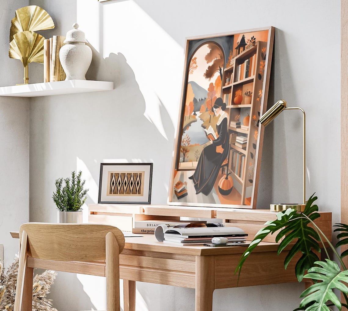 Woman Reading Window Bookshelf Pumpkins River View Fall Poster - Image 3