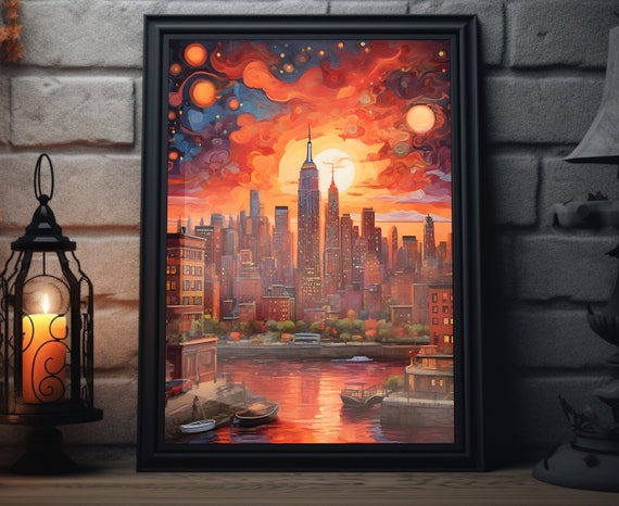 New York Starry Sunset Matte Wall Art New York City Artwork Empire State Print New York Painting Nyc Decor New York Folk Art Poster