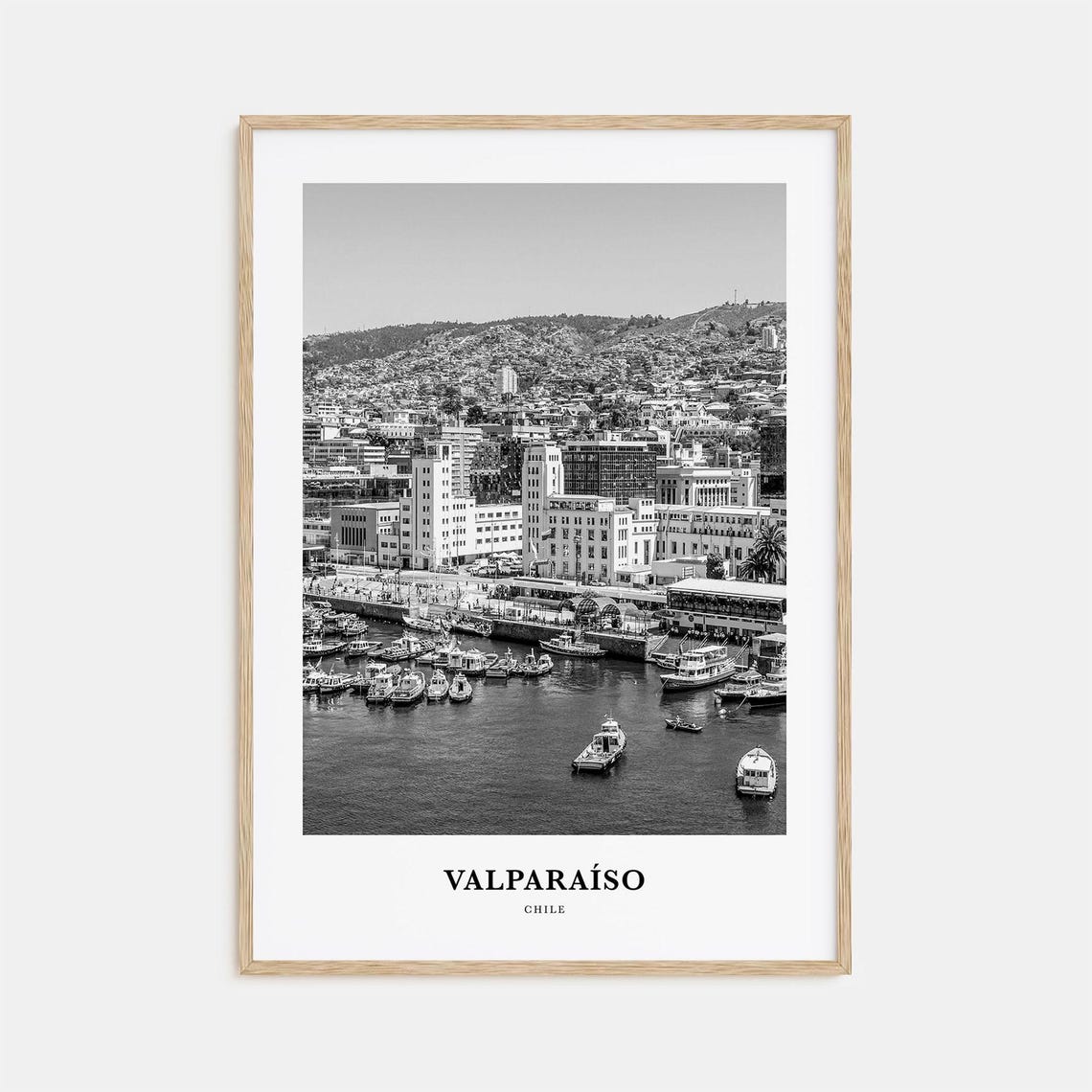 Valparaiso Chile Harbor Boats Hillside Houses Monochrome Art Poster