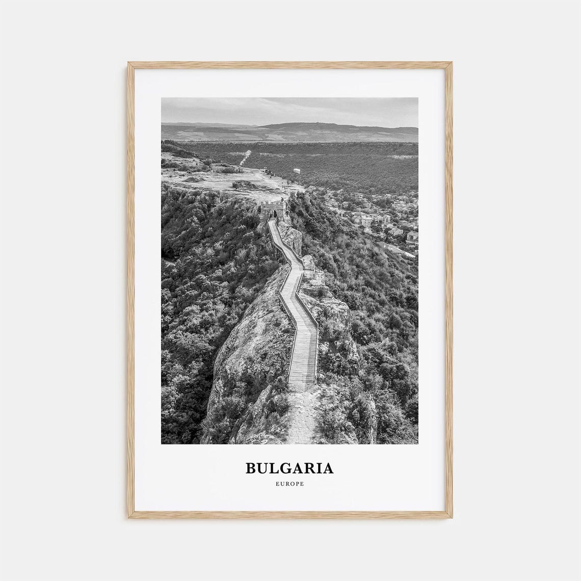 Bulgaria Rocky Ridge Winding Cliff Trail Black and White Travel Poster