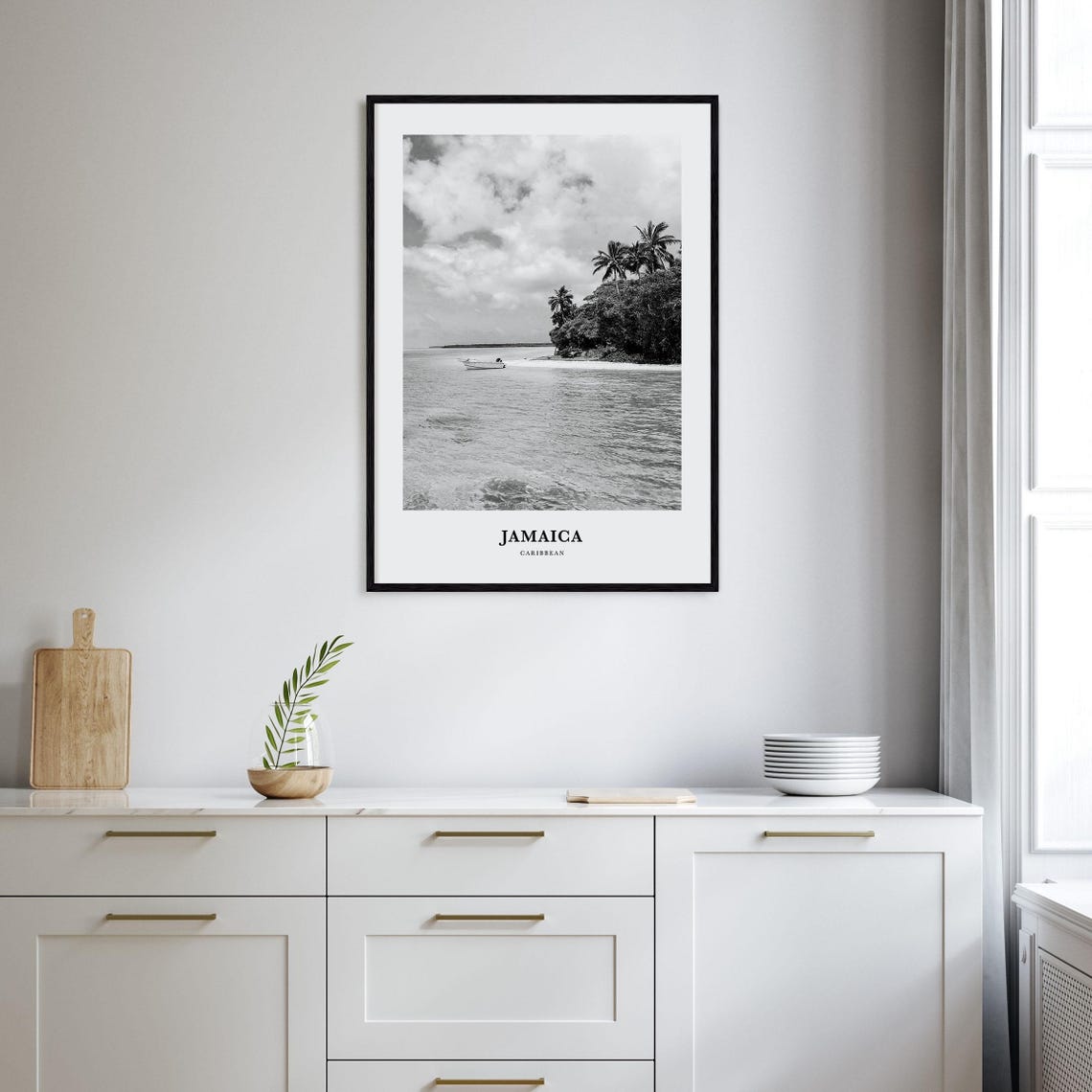 Jamaica Caribbean Black and White Tropical Palm Beach Boat Poster - Image 2