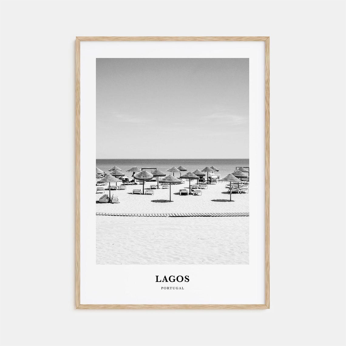Lagos Portugal Beach Umbrellas Black and White Travel Poster