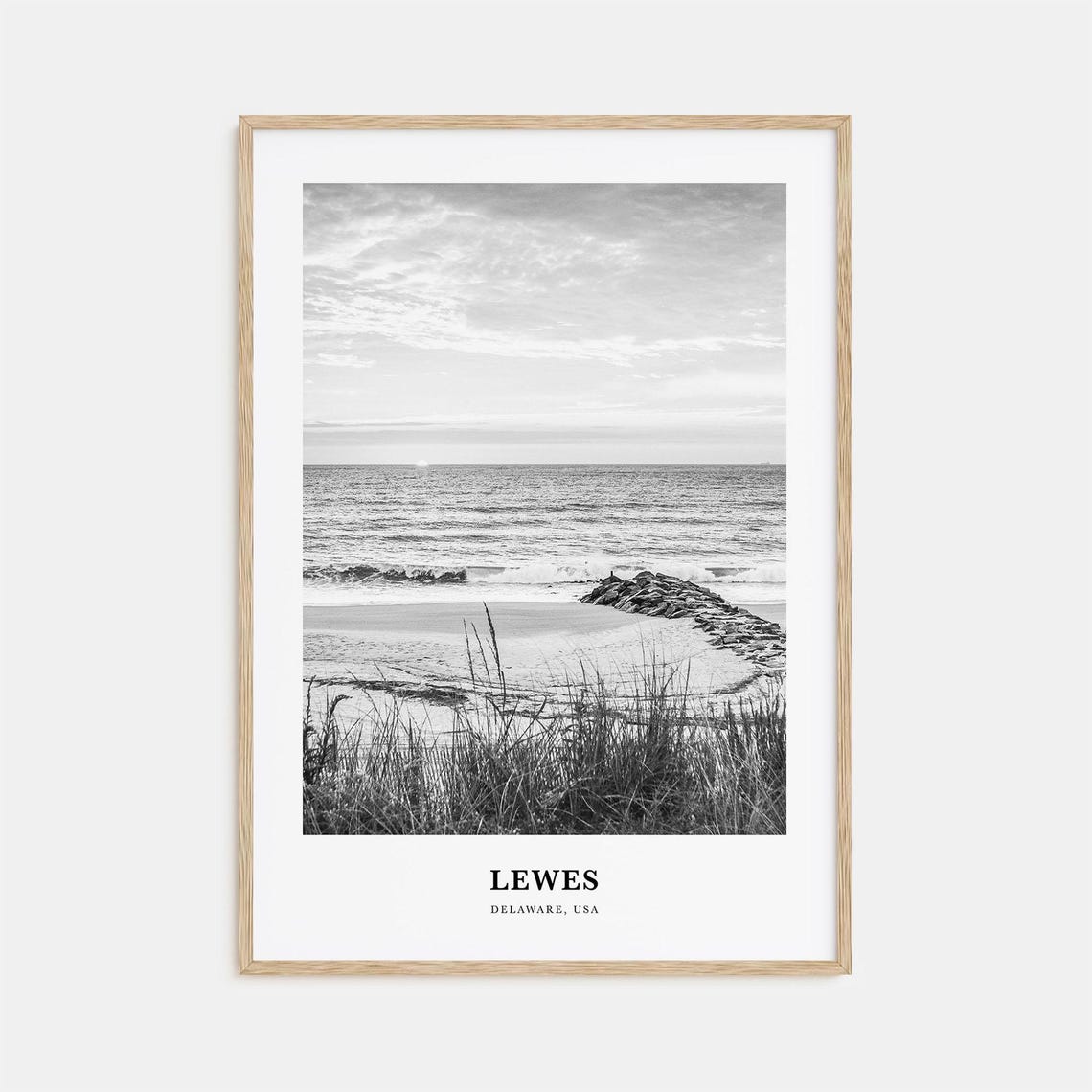 Lewes Delaware Black and White Beach Grass Ocean Sunset Poster