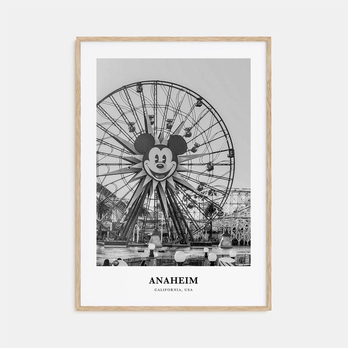 Anaheim California Mickey Ferris Wheel Black and White Travel Poster