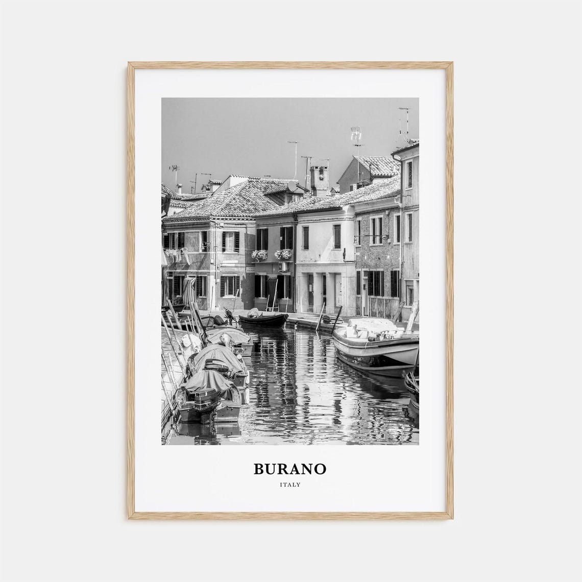 Burano Venice Canal Moored Boats Reflections Black and White Poster