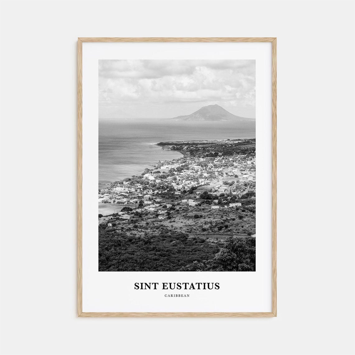 Sint Eustatius Caribbean Coast Volcano Black and White Travel Poster