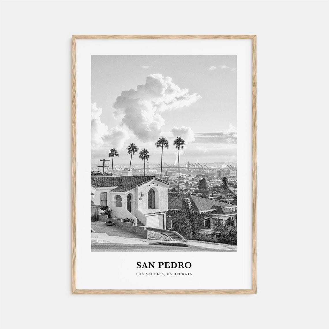 San Pedro Los Angeles Harbor View Hillside Homes Black White Poster