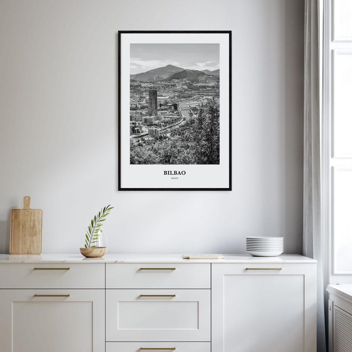 Bilbao Spain River Cityscape with Tower and Mountain Backdrop Poster - Image 2