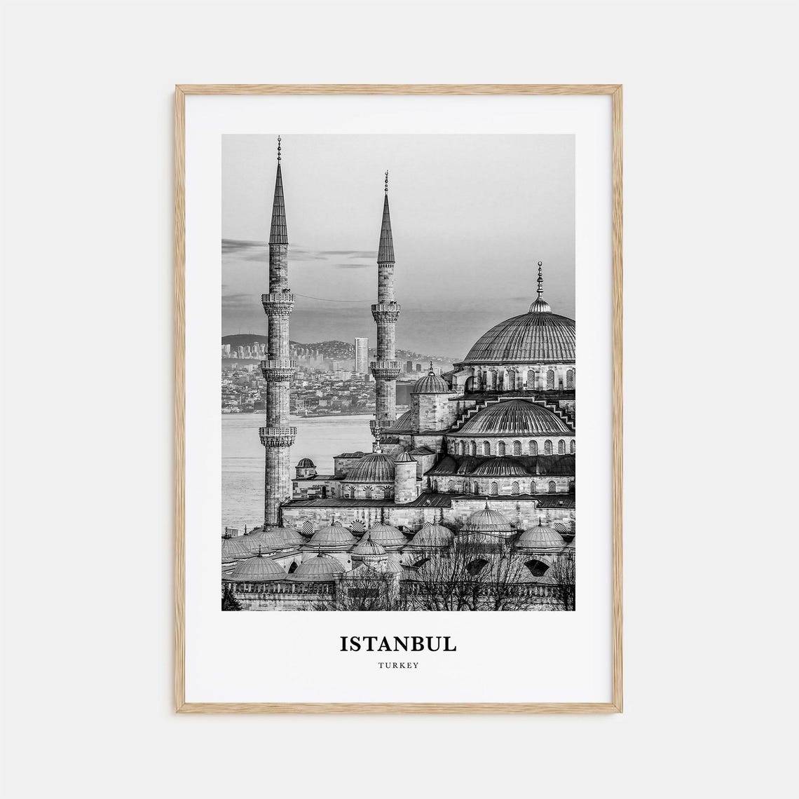 Istanbul Turkey Iconic Mosque Minarets Domes Black White Travel Poster