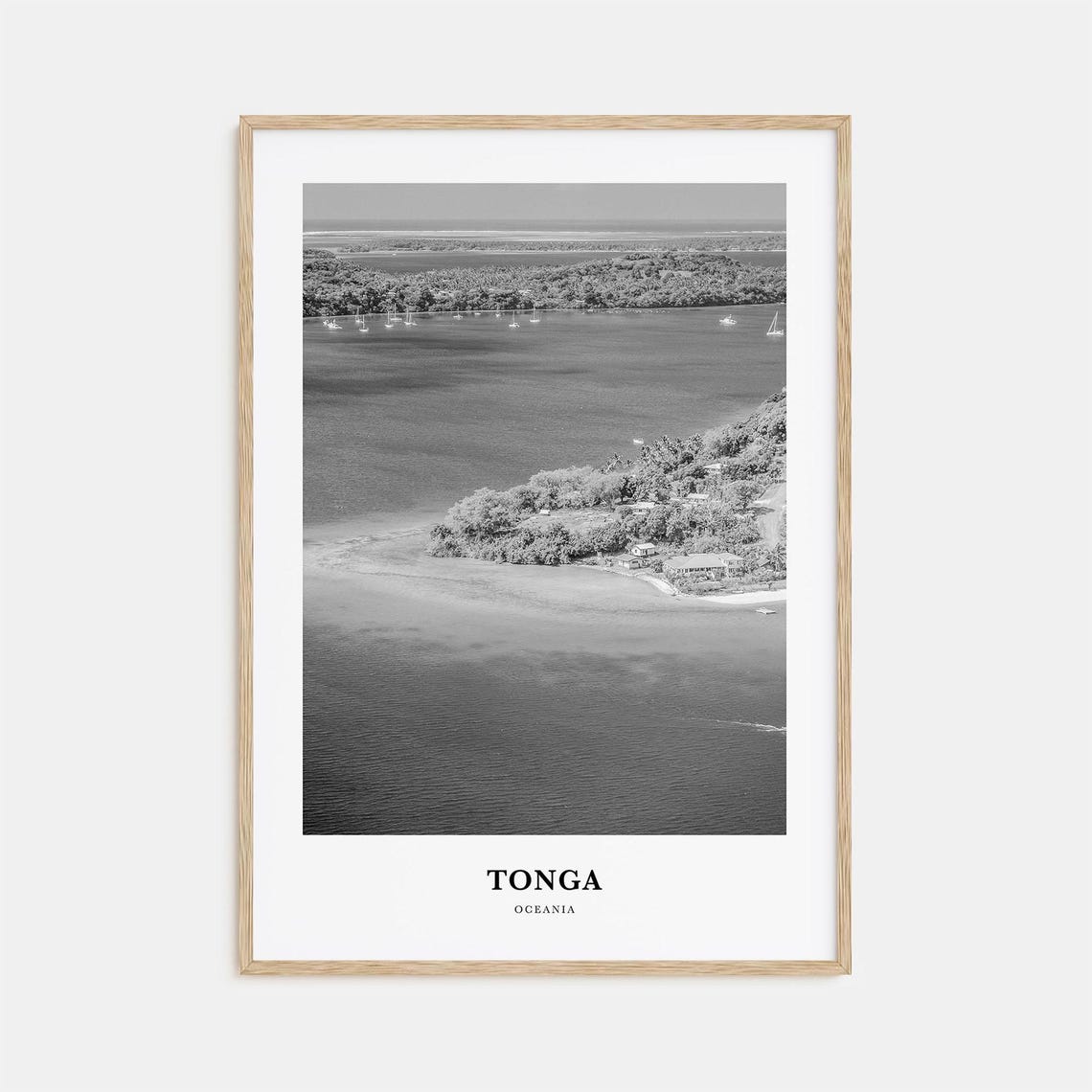 Tonga Oceania Aerial Bay Sailboats Black and White Travel Poster