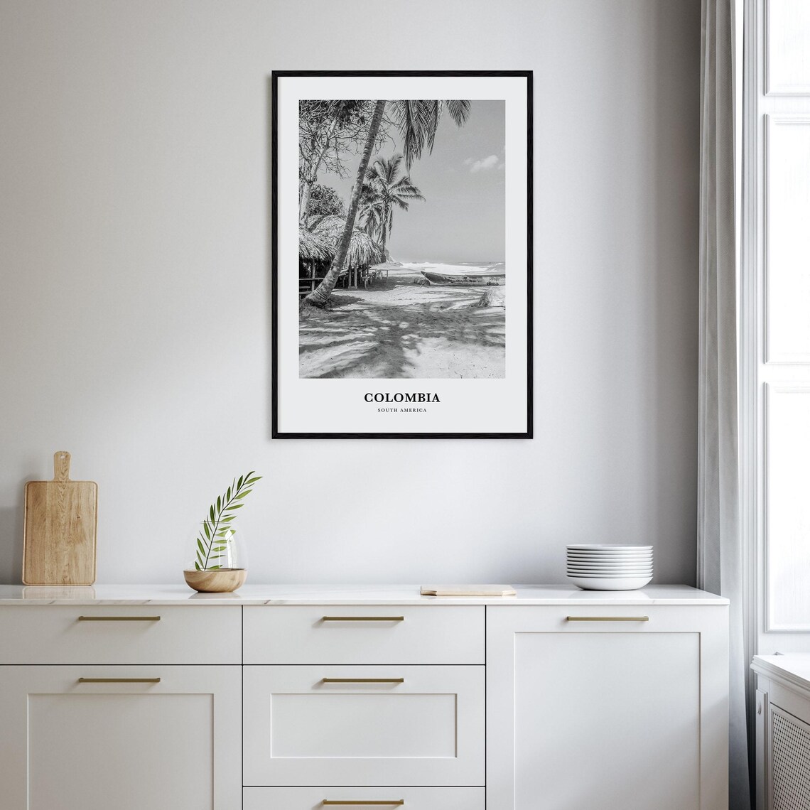 Colombia Caribbean Beach Palm Trees Thatched Huts Black and White Poster - Image 2