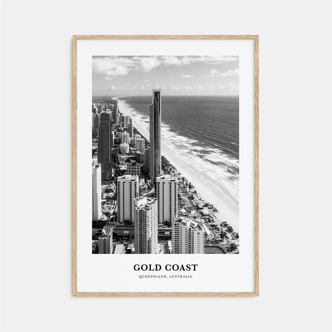 Gold Coast Surfers Paradise Skyline Aerial Black White Poster