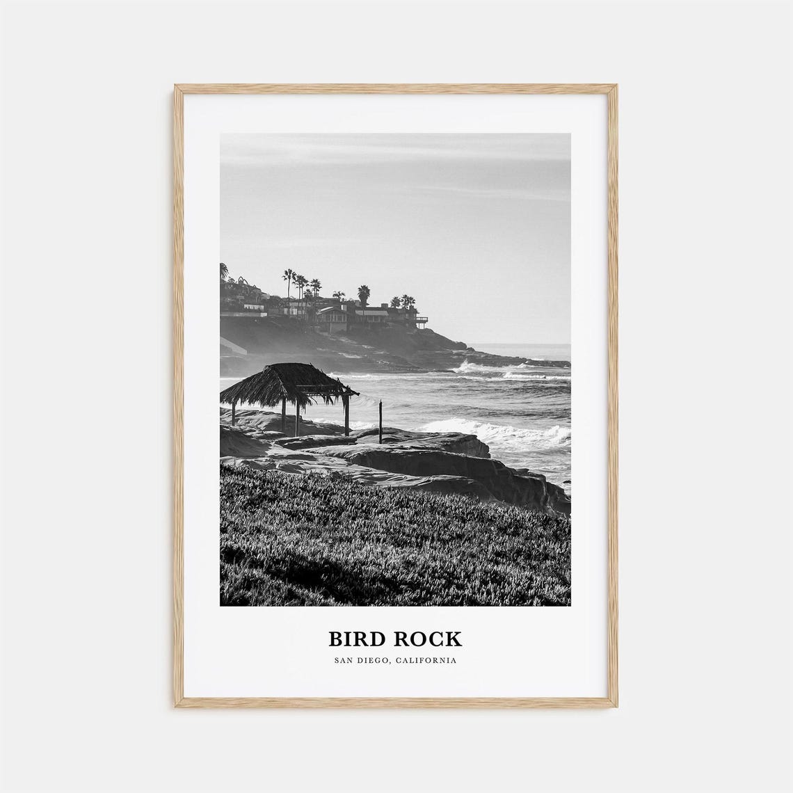 Bird Rock San Diego Thatched Beach Shelter Coastal Black White Poster