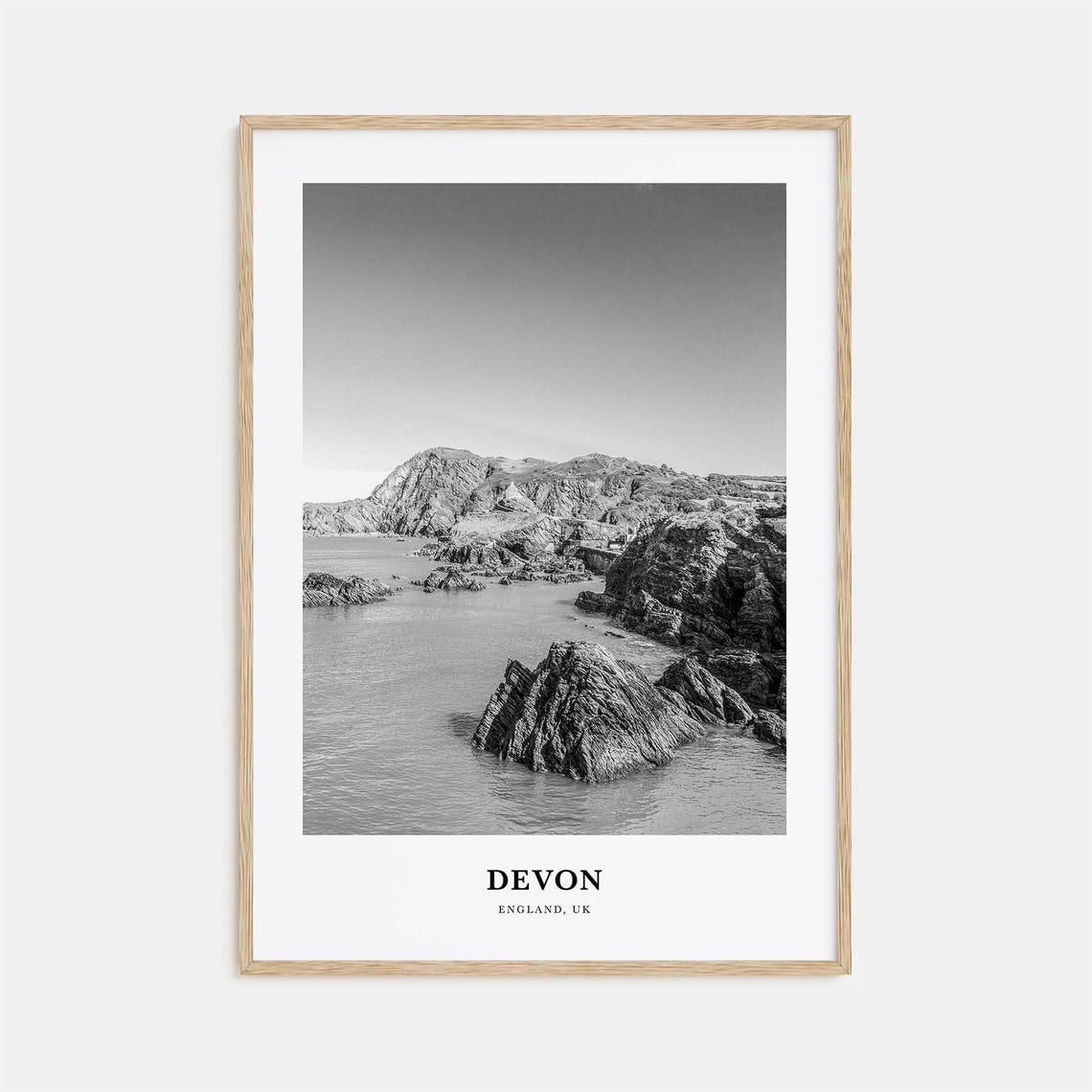 Devon England Minimalist Black and White Rocky Coastline Cliffs Poster