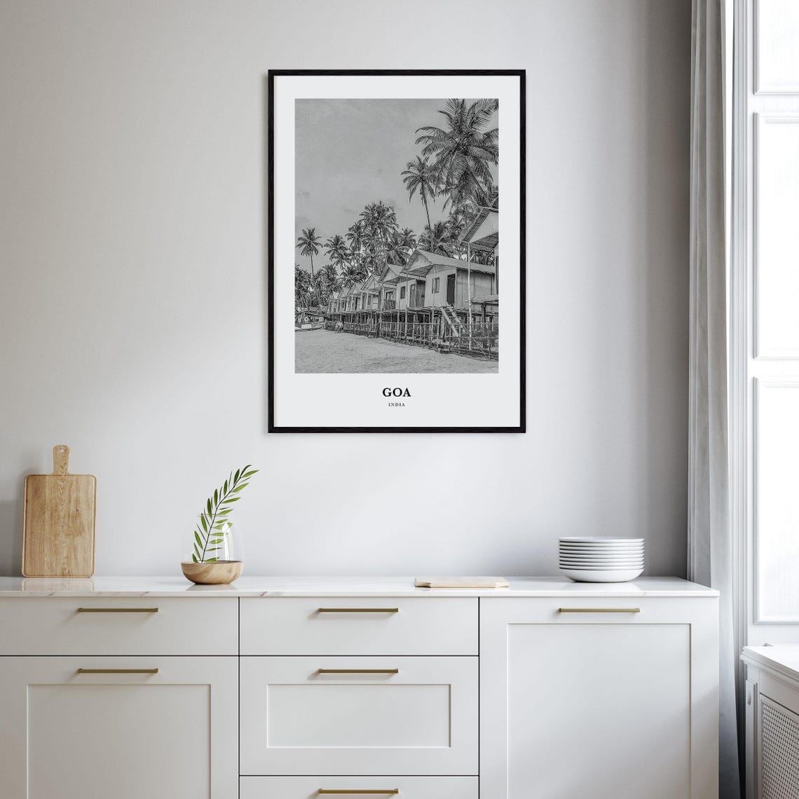 Goa India Beach Huts and Palm Trees Black and White Photo Poster - Image 2