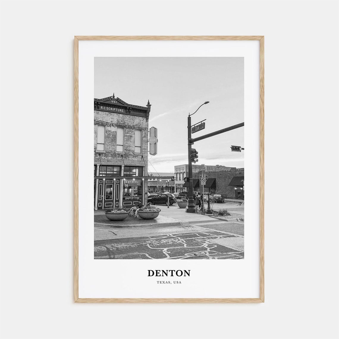 Denton Texas Historic Downtown Street Black and White Poster
