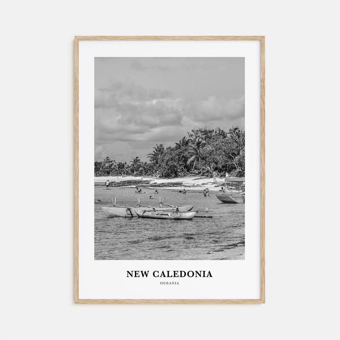 New Caledonia Beach Outrigger Canoes Black And White Travel Poster