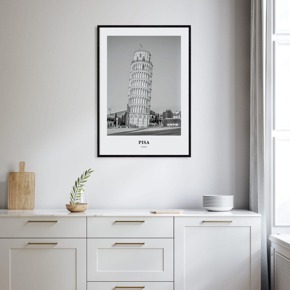 The Leaning Tower of Pisa Italy Landmark Black and White Poster - Image 2