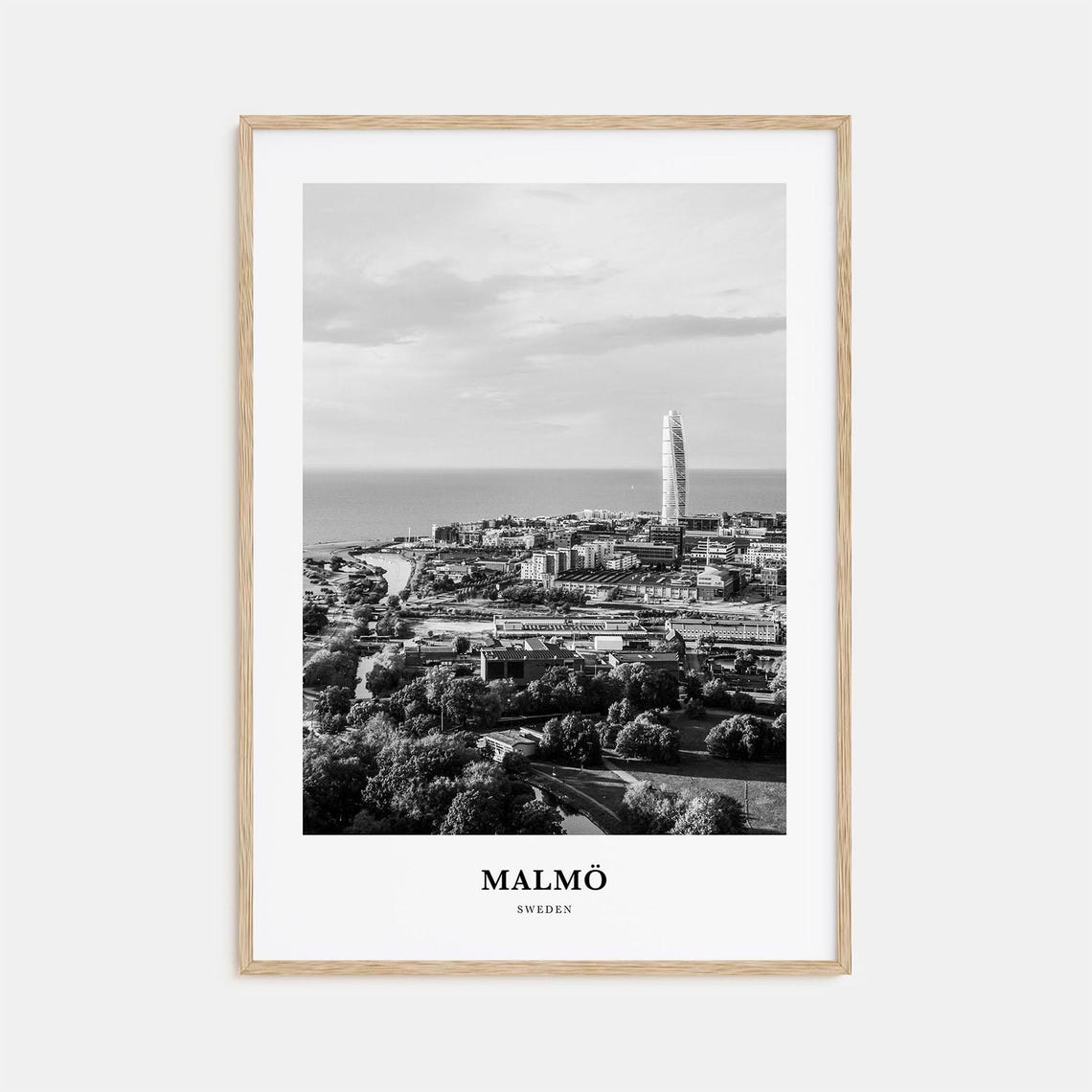 Malmo Coastal Skyline with Turning Torso Black and White Poster