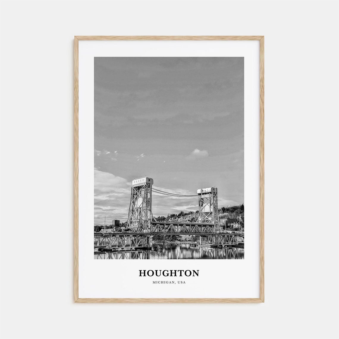 Houghton Michigan Lift Bridge Canal Harbor Black and White Poster