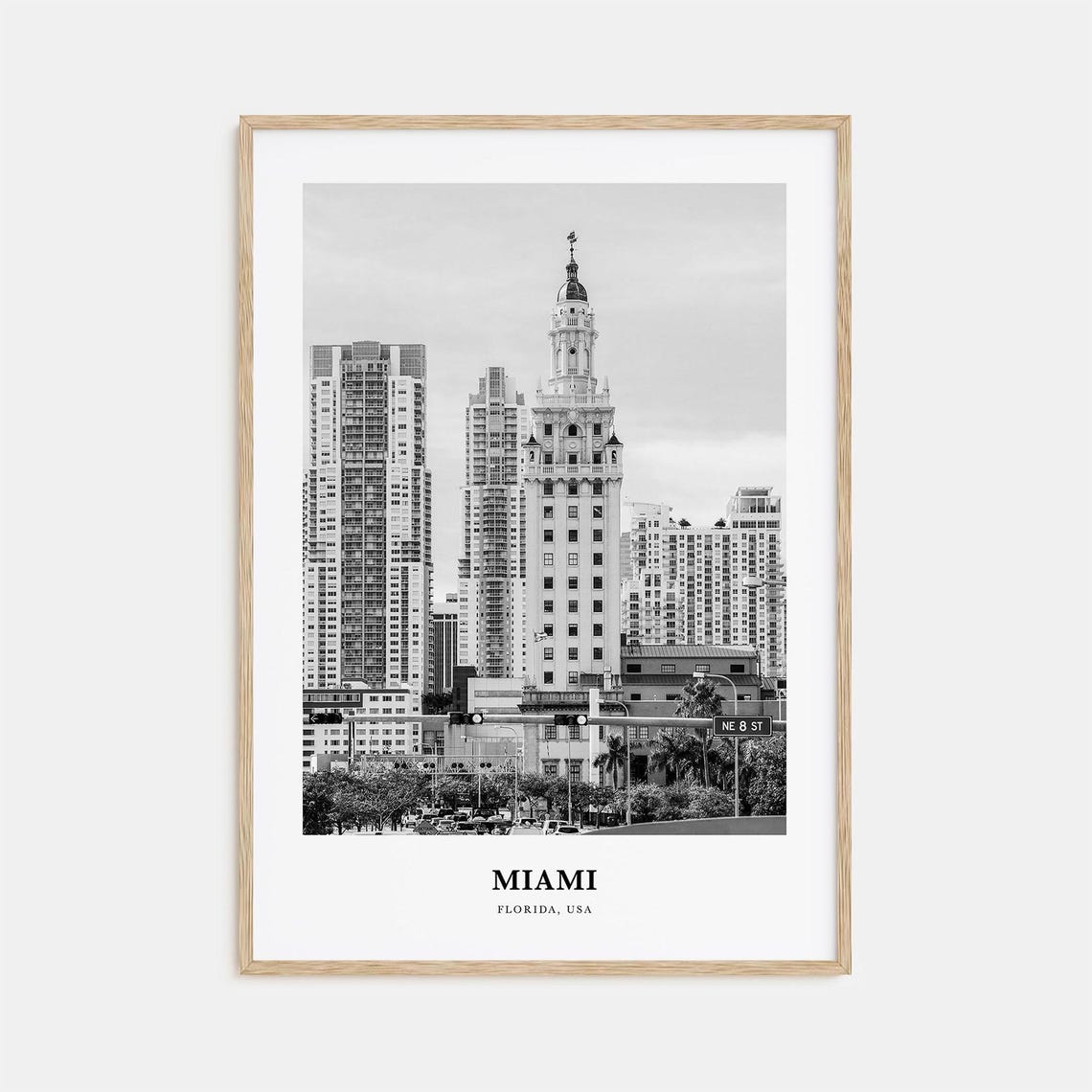 Miami Florida Downtown Skyline Clock Tower Black And White City Poster