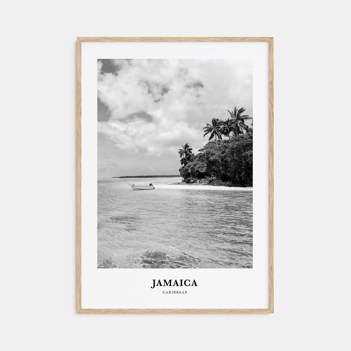 Jamaica Caribbean Black and White Tropical Palm Beach Boat Poster