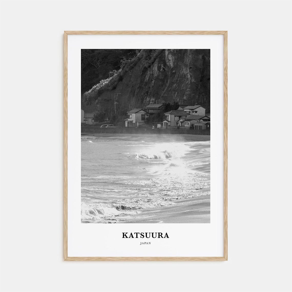 Katsuura Japan Black and White Coastal Village Beach Scene Poster