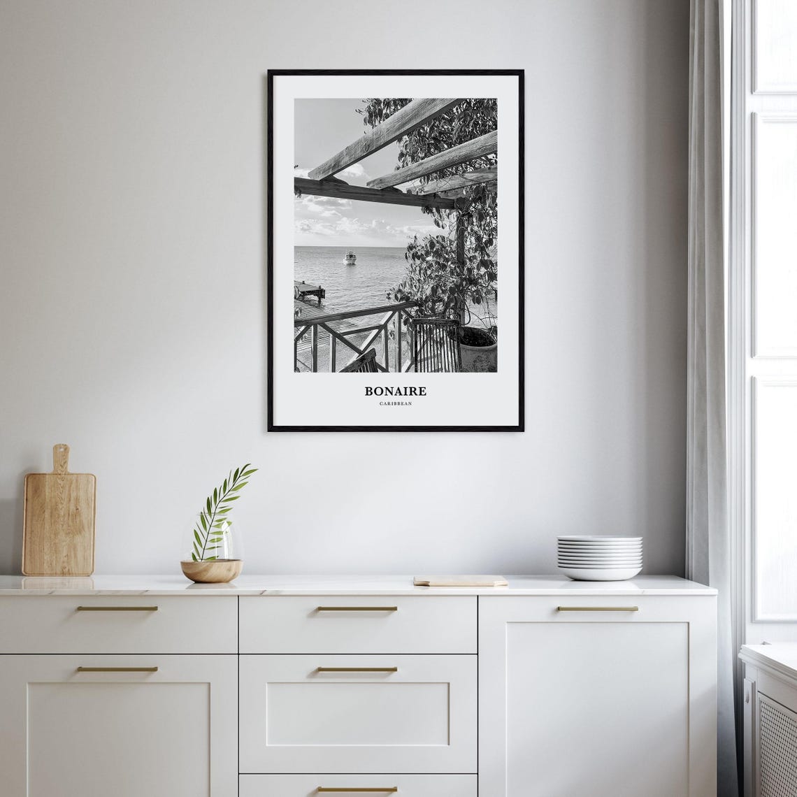 Bonaire Caribbean Waterfront Deck Boat View Black and White Poster - Image 2