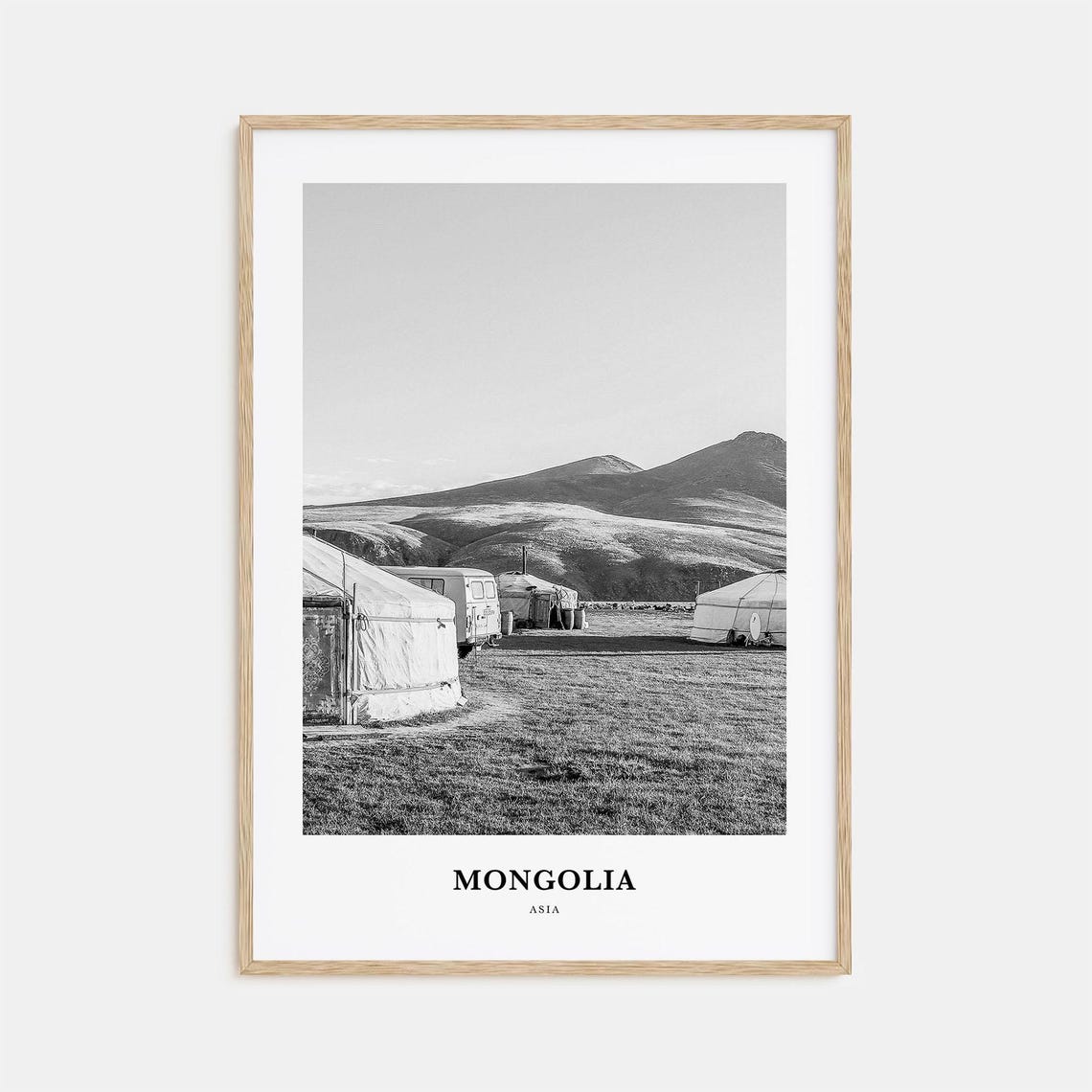 Mongolia Steppe Ger Camp Mountain Black and White Nomad Poster