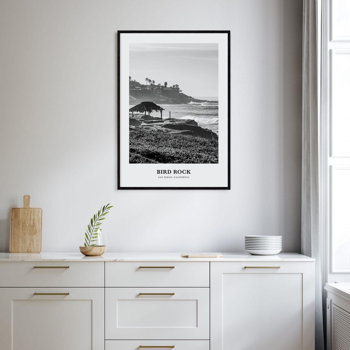 Bird Rock San Diego Thatched Beach Shelter Coastal Black White Poster - Image 2