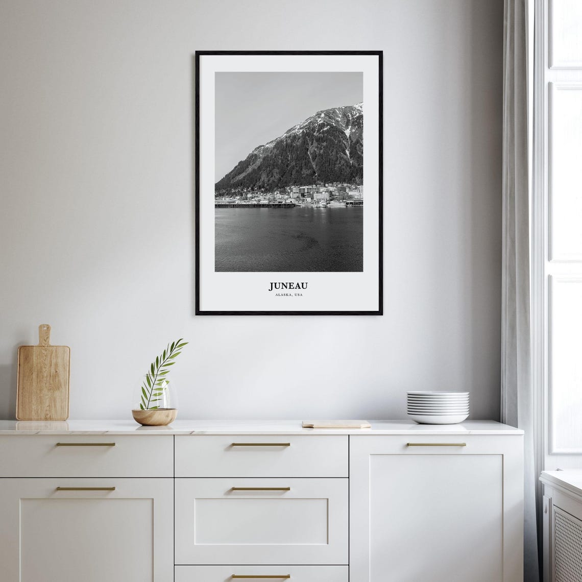 Juneau Alaska Black and White Downtown Waterfront City View Poster - Image 2