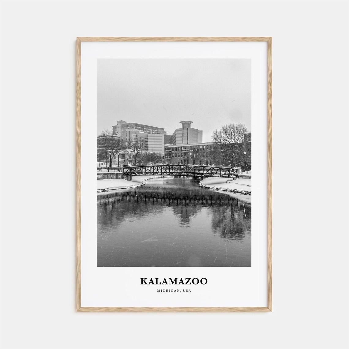 Kalamazoo Michigan Black and White Snowy River Bridge Poster