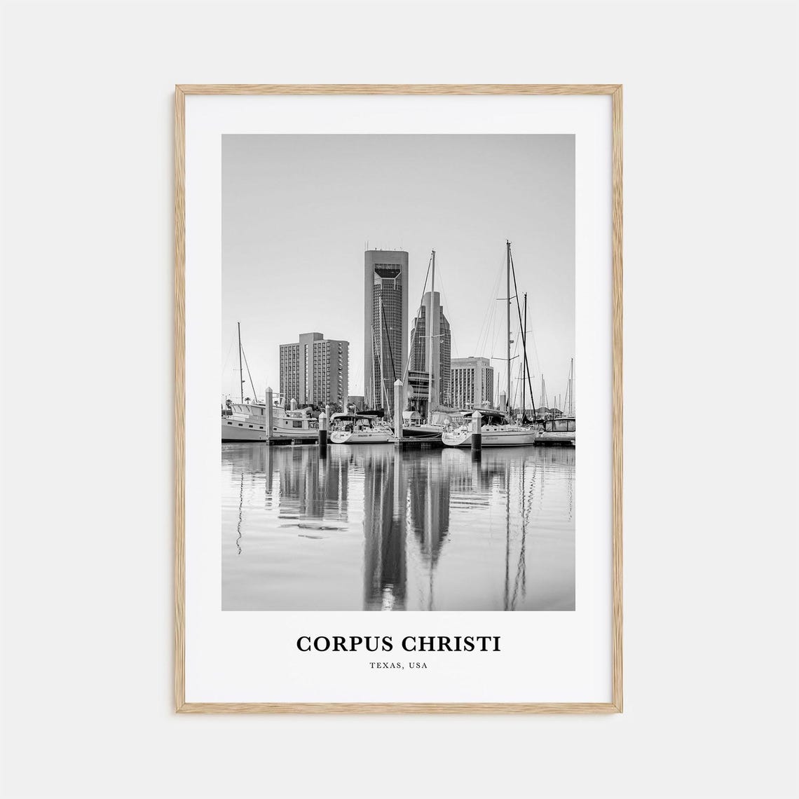 Corpus Christi Texas Marina Skyline Reflection Black White Poster
