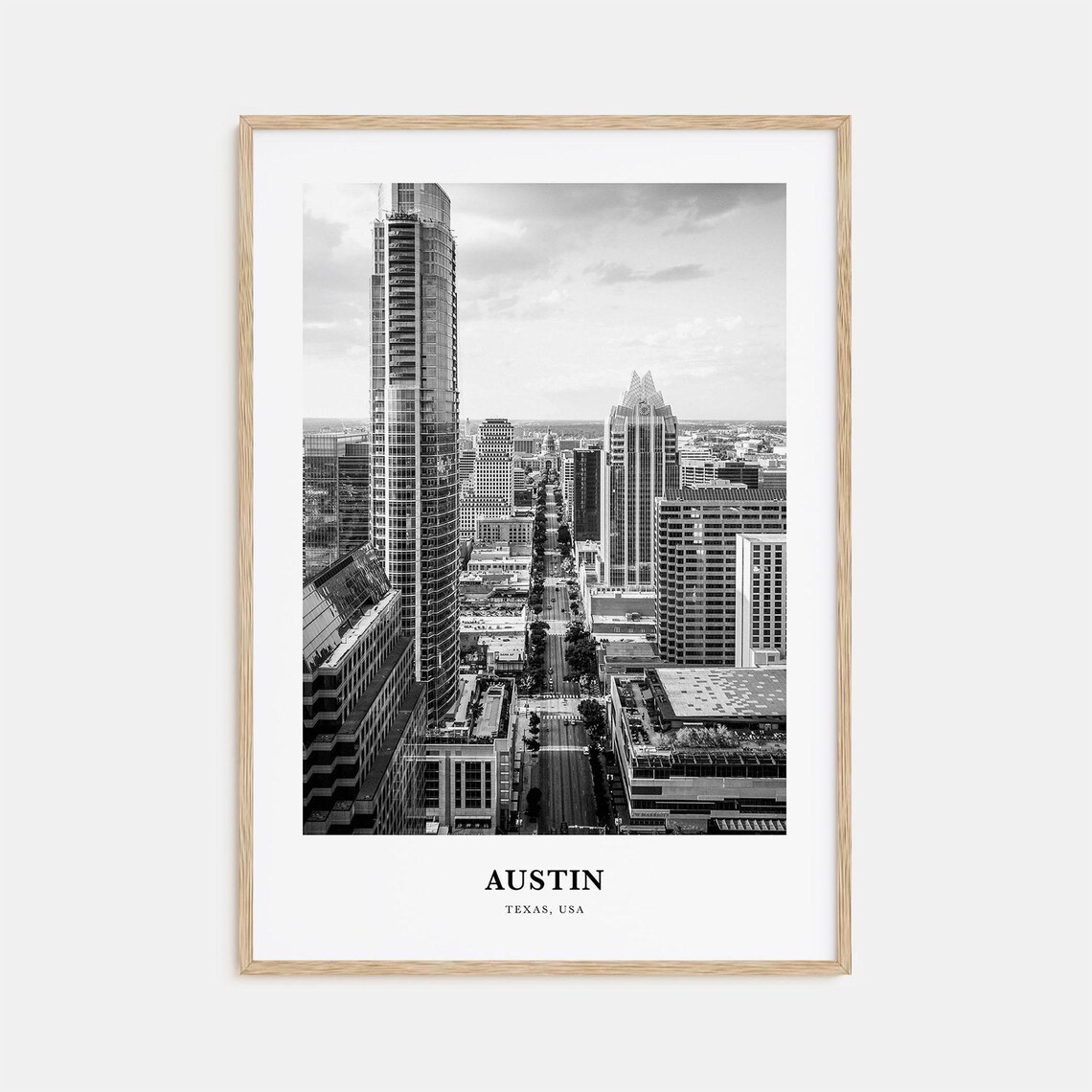 Austin Texas Downtown Skyscrapers Aerial Black and White Poster