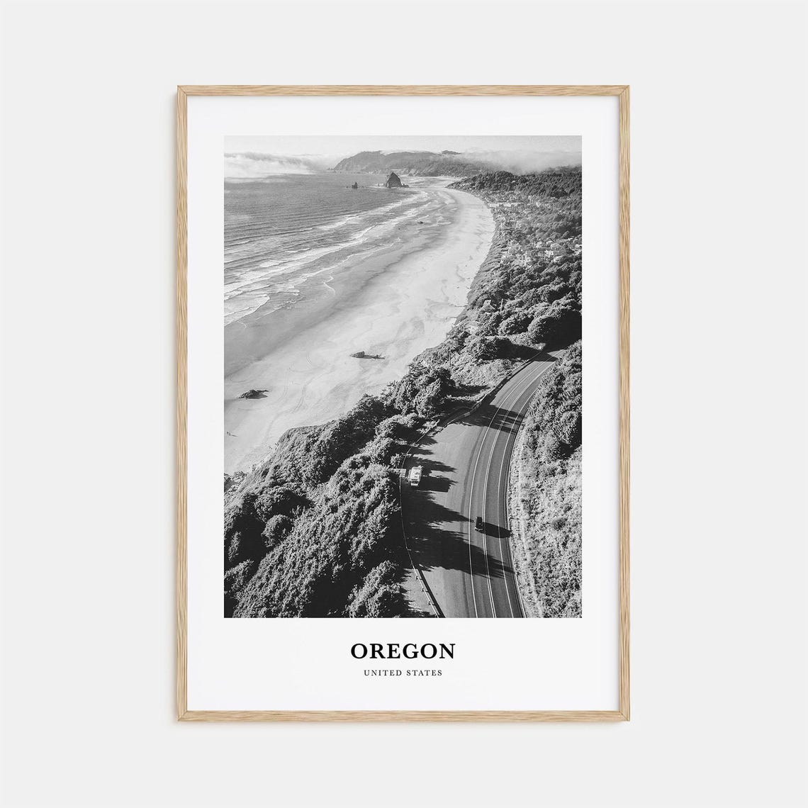 Oregon Coastline Aerial Beach Highway Black White Nature Travel Poster