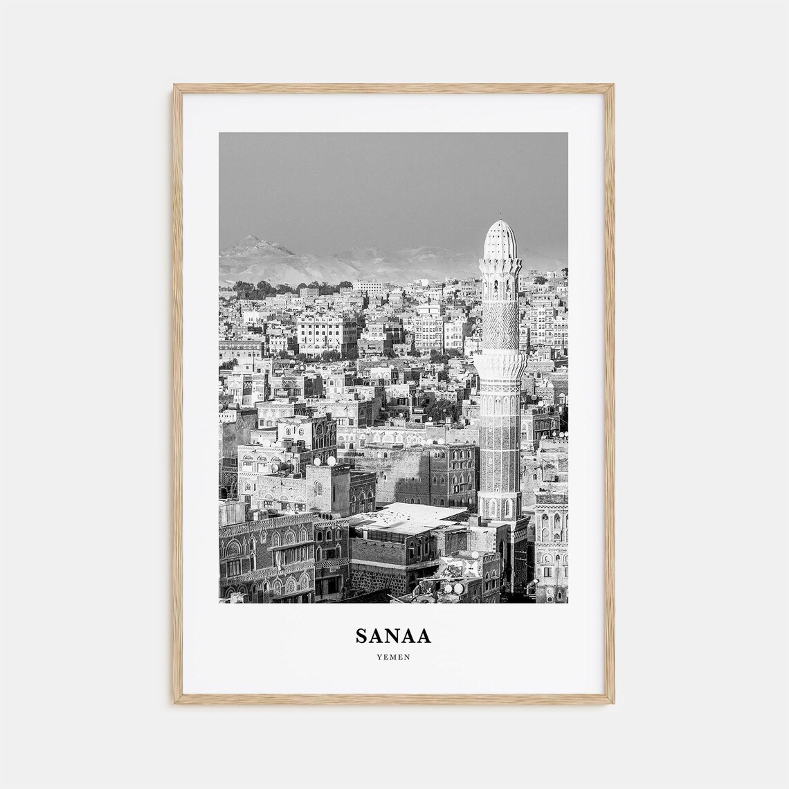Sanaa Yemen Historic Old City Skyline Minaret Black And White Poster