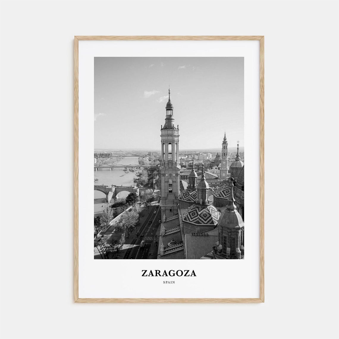 Zaragoza Spain Basilica of the Pillar Ebro River Black White Poster