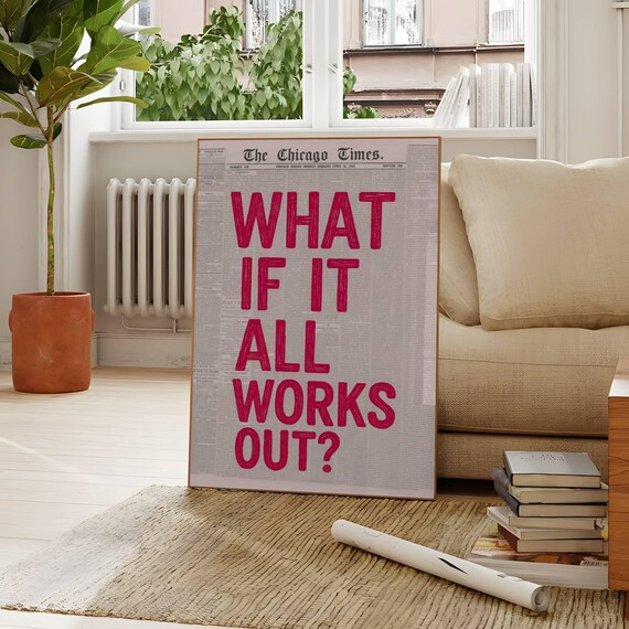 Retro What If It All Works Out Red Newspaper Print Typography Poster Trendy Wall Art Motivational